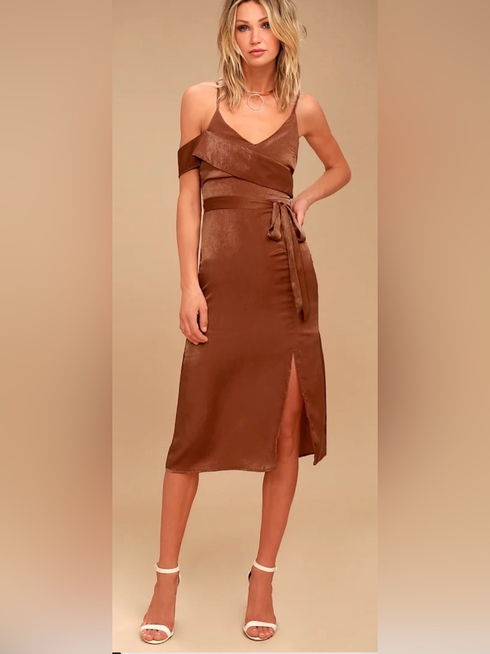 J.O.A. Anouk Rust Orange Satin Midi Silk Slip Dress Size Small